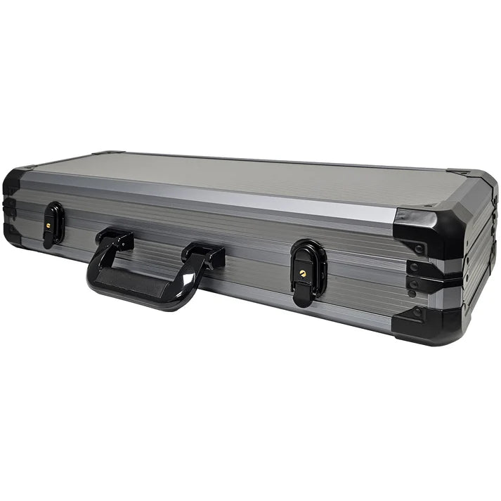Silver and black deluxe aluminum poker case on a white background