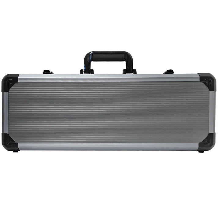 Silver and black rectangular deluxe aluminum poker case with a handle on a white background
