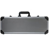Silver and black rectangular deluxe aluminum poker case with a handle on a white background