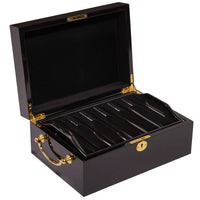 Black mahogany wood poker case opened with gold accents on a white background
