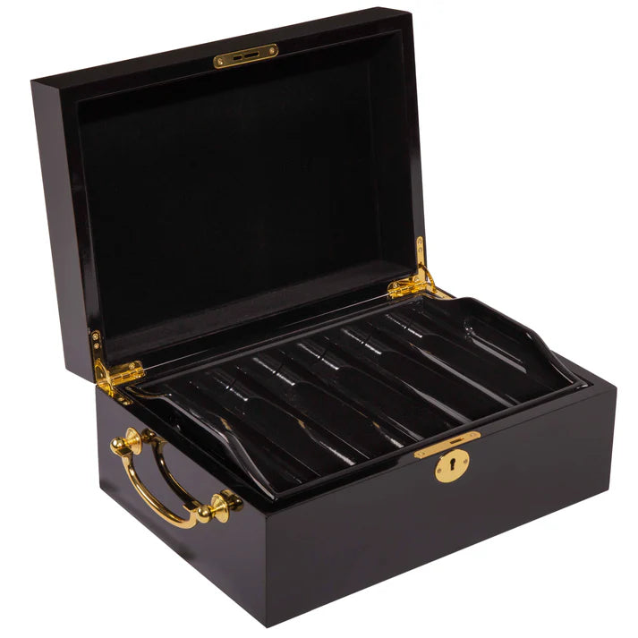 Black mahogany wood poker case opened with gold accents on a white background