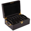 Black mahogany wood poker case opened with gold accents on a white background