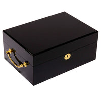 Black mahogany wood poker case closed with gold accents on a white background