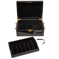 Black mahogany wood poker case opened top tray removed ,with gold accents on a white background