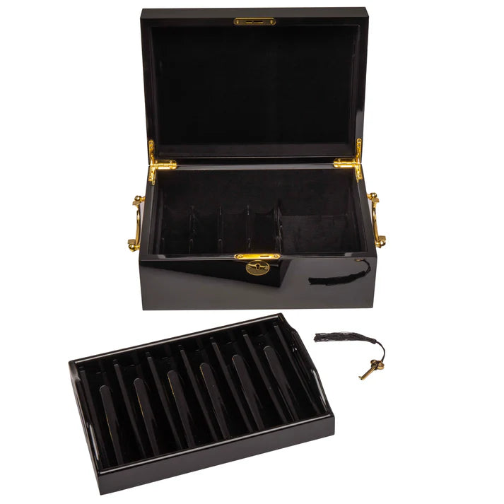Black mahogany wood poker case opened top tray removed ,with gold accents on a white background