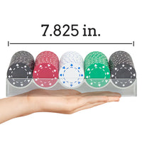 Set of poker chips in a clear 100 capacity acrylic tray showing dimension label '7.825 in.'
