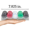Set of poker chips in a clear 100 capacity acrylic tray showing dimension label '7.825 in.'
