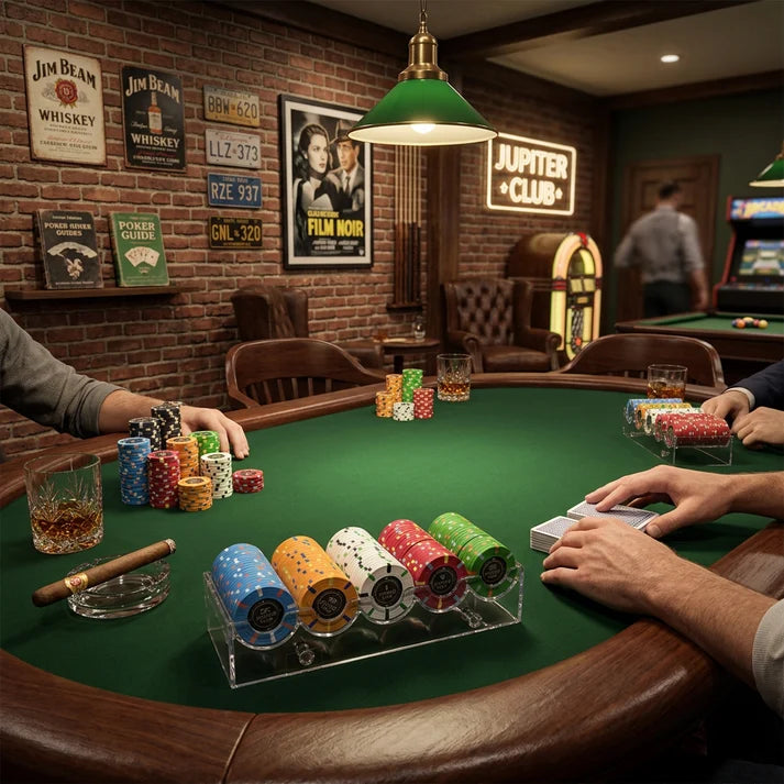 43 mm poker chip tray with interlocking design, shown at a poker table