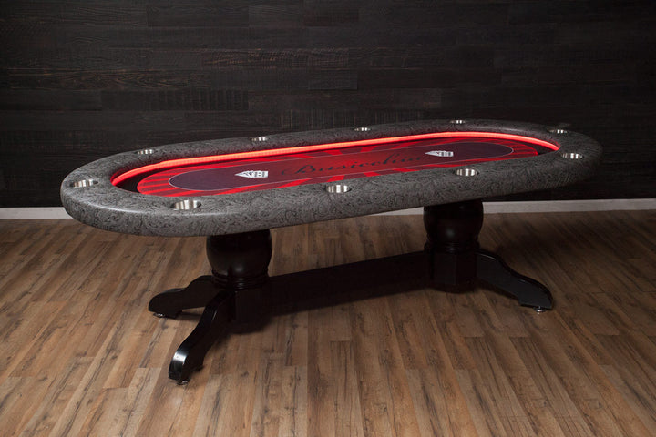 The Elite Alpha (LED) Custom Poker Table With Mahogany Napa Style Legs, Premium Vinyl Armrest, Stainless Steel Cupholders. and Custom Printed Velveteen Playing Surface