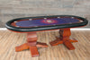 Rockwell Poker Table, Melvin Style Pedestal Legs, Black Vinyl Armrest, Brass Cupholders, and Custom Graphics Playing Surface. 
