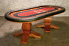Rockwell Poker Table, Melvin Style Pedestal Legs, Black Vinyl Armrest, Brass Cupholders, and Custom Graphics Suited Speed Cloth Playing Surface. 