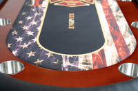 Rockwell Poker Table Closeup Image of  Tabletop. Black Vinyl Armrest, Stainless Steel Cupholders, and Custom Graphics Playing Velveteen Playing Surface.