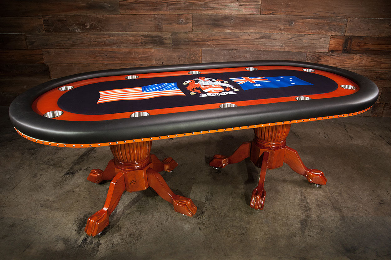 Rockwell Poker Table, Duke Style Leg Set, Black Vinyl Armrest, Stainless Steel Cupholders, and Custom Graphics Playing Surface.