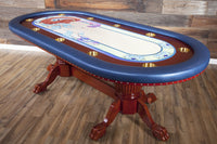 Rockwell Poker Table, Heritage Style Pedestal Legs, Capote Blue Vinyl Armrest, Brass Cupholders, and Custom Graphics Casino De Paris Template Playing Surface. 