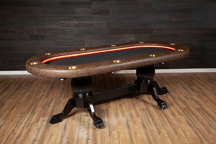 The Elite Alpha (LED) Custom Poker Table With Mahogany Heritage Style Legs, Premium Vinyl Armrest, Brass Cupholders. and Black Suited Speed Cloth Playing Surface