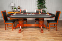 Rockwell Poker Table, Heritage Style Legs, Black Vinyl Armrest , Black Suited Speed Cloth Surface with Mahogany Dining Chairs