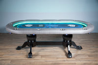 The Elite Alpha (LED) Custom Poker Table With Mahogany Heritage Style Legs, Premium Vinyl Armrest, Stainless Steel Cupholders. and Custom Printed Velveteen Playing Surface - Yates Poker Room Design