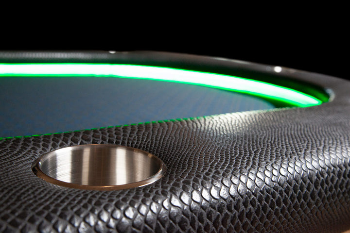 The Elite Alpha (LED) Custom Poker Table Premium Vinyl Armrest With Brass Cupholder Closeup