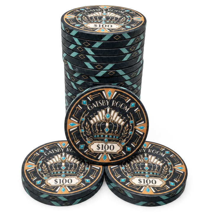 A set of round casino-style ceramic poker chips with a black background and ornate gold, teal, and cream Art Deco design. The chips feature a crown emblem, the text 'GATSBY ROOM', and '$100' printed on them.