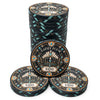 A set of round casino-style ceramic poker chips with a black background and ornate gold, teal, and cream Art Deco design. The chips feature a crown emblem, the text 'GATSBY ROOM', and '$100' printed on them.