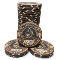 A stack of round decorative casino-style ceramic poker chips with three chips in front, all featuring a Gatsby-themed '$25,000' design in dark brown, gold, and cream on a white background.