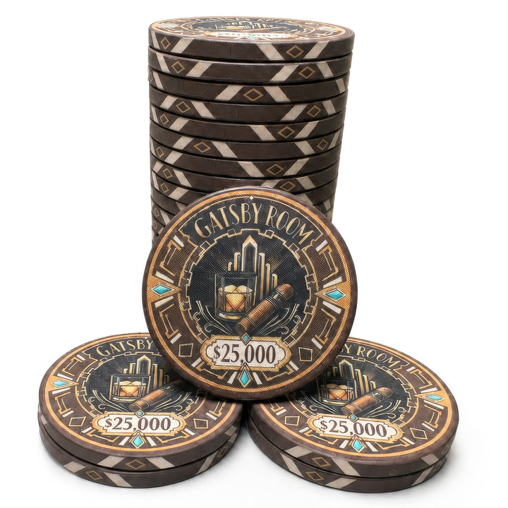 A stack of round decorative casino-style ceramic poker chips with three chips in front, all featuring a Gatsby-themed '$25,000' design in dark brown, gold, and cream on a white background.