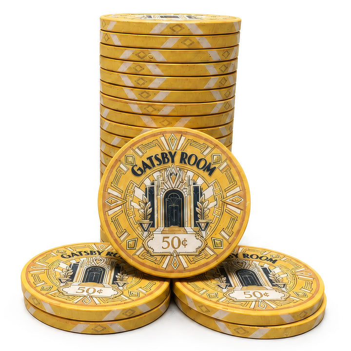 A set of gold-colored Gatsby Room 50¢ ceramic poker chips, with one chip in the center displaying the iconic green and gold Art Deco design and the word 'GATSBY ROOM', surrounded by stacks of matching chips on a white background.