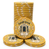 A set of gold-colored Gatsby Room 50¢ ceramic poker chips, with one chip in the center displaying the iconic green and gold Art Deco design and the word 'GATSBY ROOM', surrounded by stacks of matching chips on a white background.