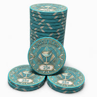 A set of turquoise and white casino-style ceramic chips with 'GATSBY ROOM' and '25¢' printed on them, arranged with one large stack and five individual chips in front on a white background.