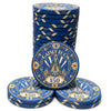 A set of blue and gold casino-style ceramic poker chips stacked and arranged on a white background. The front pieces show the text 'GATSBY ROOM' and '$50' with an Art Deco building design, and the stack shows repeating blue and gold geometric borders.