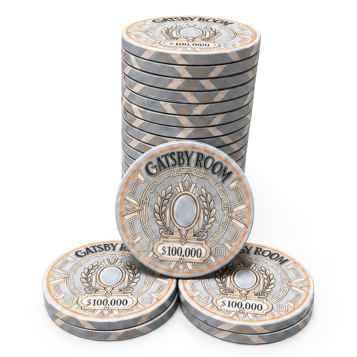 A set of Gatsby Room casino-style ceramic poker chips with a $100,000 denomination, arranged with three stacked coins in the back, one large chip in the front, and two chips on the side, all on a clean white background.