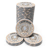 A set of Gatsby Room casino-style ceramic poker chips with a $100,000 denomination, arranged with three stacked coins in the back, one large chip in the front, and two chips on the side, all on a clean white background.