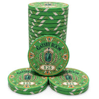 Three stacks of green Gatsby Room $25 ceramic poker chips with ornate gold and white geometric designs, arranged on a plain white background.