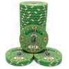 Three stacks of green Gatsby Room $25 ceramic poker chips with ornate gold and white geometric designs, arranged on a plain white background.