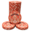 A set of orange $1000 ceramic gaming chips for 'Gatsby Room' arranged with one standing in a stack and three placed in front on a white background.