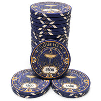 A set of blue and gold Gatsby Room $500 ceramic poker chips, with one chip standing upright in the back and three chips lying flat in the front, all on a white background.