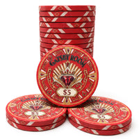 A set of red and gold Gatsby-themed ceramic poker chips, with one large chip in the center and two smaller chips in front, backed by a tall stack of matching chips on a white background.