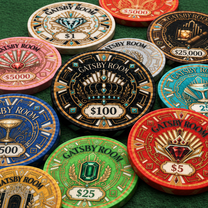 A collection of Gatsby Room casino Ceramic Poker chips in multiple colors including red, green, blue, pink, gold, and silver, arranged on a white background.
