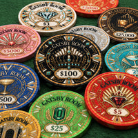 A collection of Gatsby Room casino Ceramic Poker chips in multiple colors including red, green, blue, pink, gold, and silver, arranged on a white background.