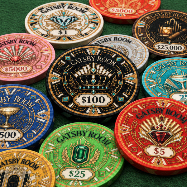 A collection of Gatsby Room casino Ceramic Poker chips in multiple colors including red, green, blue, pink, gold, and silver, arranged on a white background.