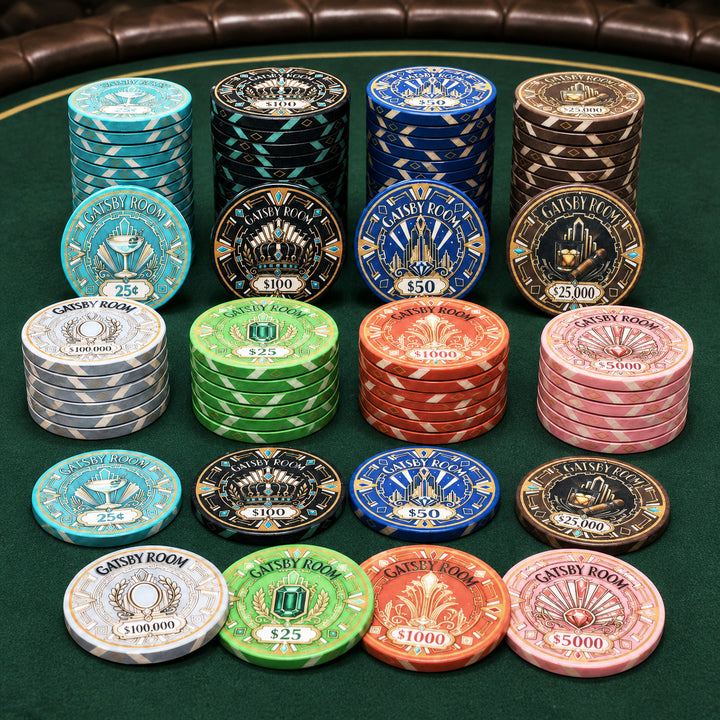 A set of Gatsby Room ceramics poker chips arranged in rows on a green felt table, including blue, teal, black, brown, green, orange, pink, and silver stacks with denominations from 25 to 5000.