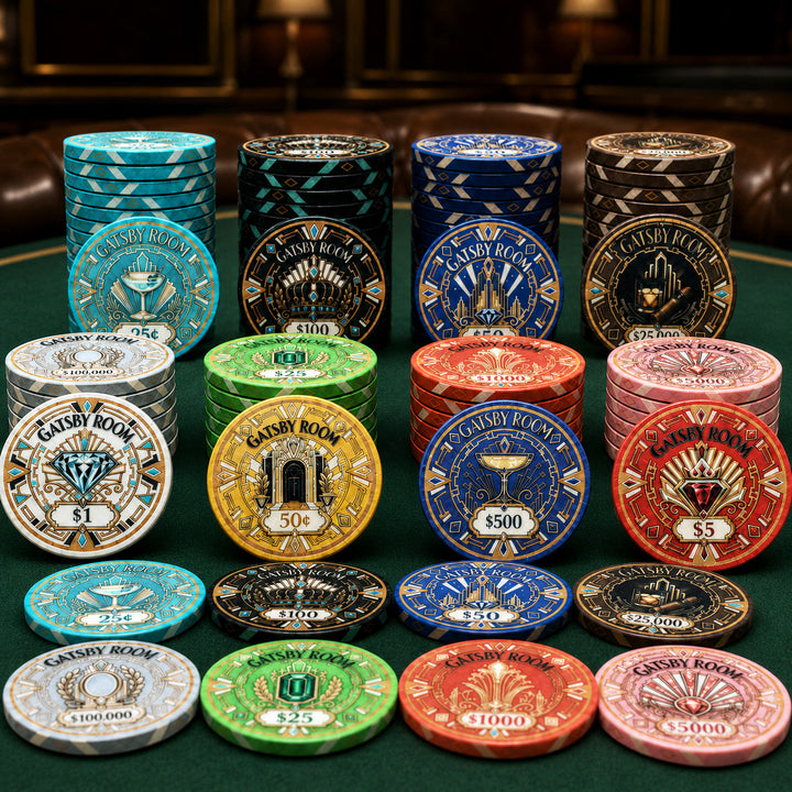 A collection of Gatsby Room themed ceramic poker chips in various colors and denominations, arranged in stacks and rows on a green felt surface with a dark leather background.