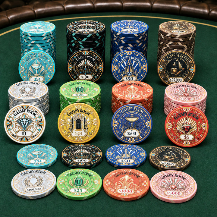 A set of Gatsby Room ceramic poker chips in multiple denominations and colors, neatly stacked and arranged on a green felt surface.