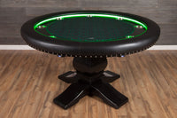 The Ginza LED Custom Poker Table, Black Melvin Style Pedestal Legs, Standard Black Vinyl Armrest, Stainless Steel Cupholders. and Custom Printed Playing Surface