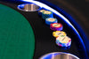 The Ginza LED Custom Poker Table, Closeup of Chips On Racetrack, With Suited Speed Cloth Playing Surface.