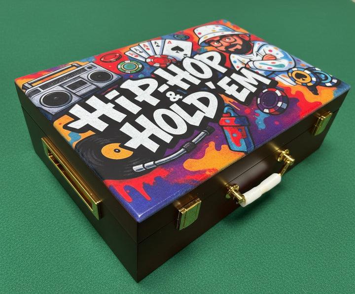 Colorful printed poker box with 'Hip-Hop & Hold'Em design on a metallic surface