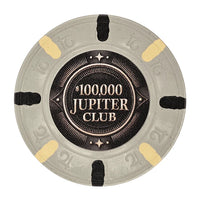 43mm size clay poker chip with 'Jupiter Club' branding on a white background - $100000 denomination