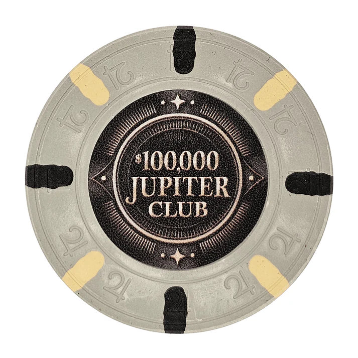 43mm size clay poker chip with 'Jupiter Club' branding on a white background - $100000 denomination