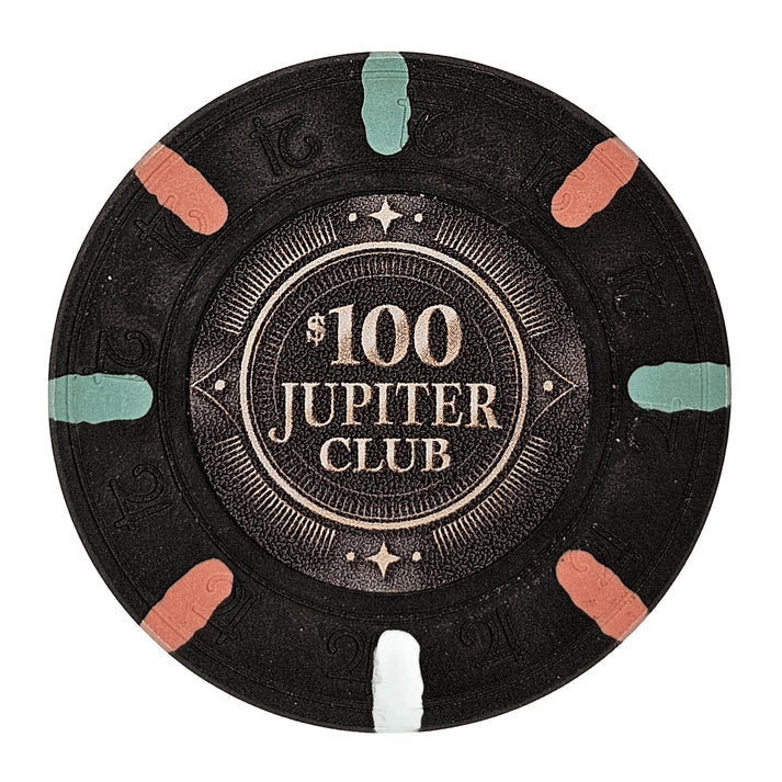 43mm size clay poker chip with 'Jupiter Club' branding on a white background - $100 denomination