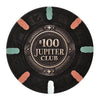 43mm size clay poker chip with 'Jupiter Club' branding on a white background - $100 denomination